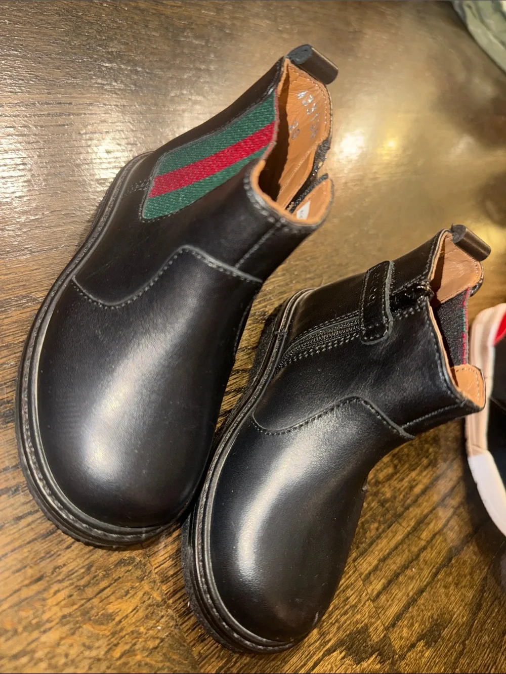 Gucci Kids Black Chelsea Boots with Green & Red Webbing